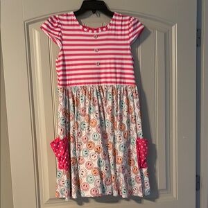 Pink Striped Kids Dress with Smiley Print